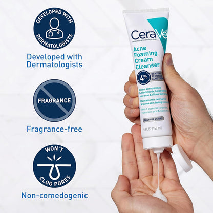 CeraVe Acne Foaming Cream Cleanser – 4% Benzoyl Peroxide Treatment 120ml