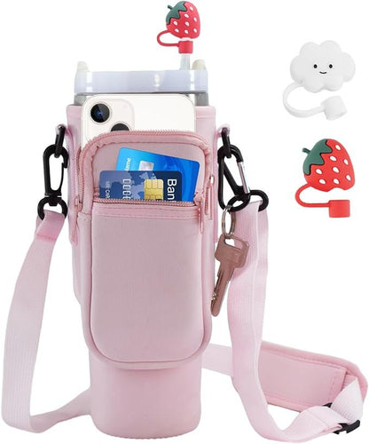 40oz Tumbler Bag with Phone Pocket – Blush Pink Insulated Cup Holder Carrying Bag with Adjustable Strap